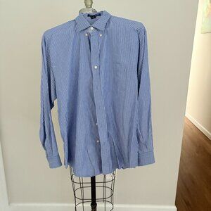 Devon and Jones Blue Men's Long Sleeve Button Down Blue with White Stripes Large